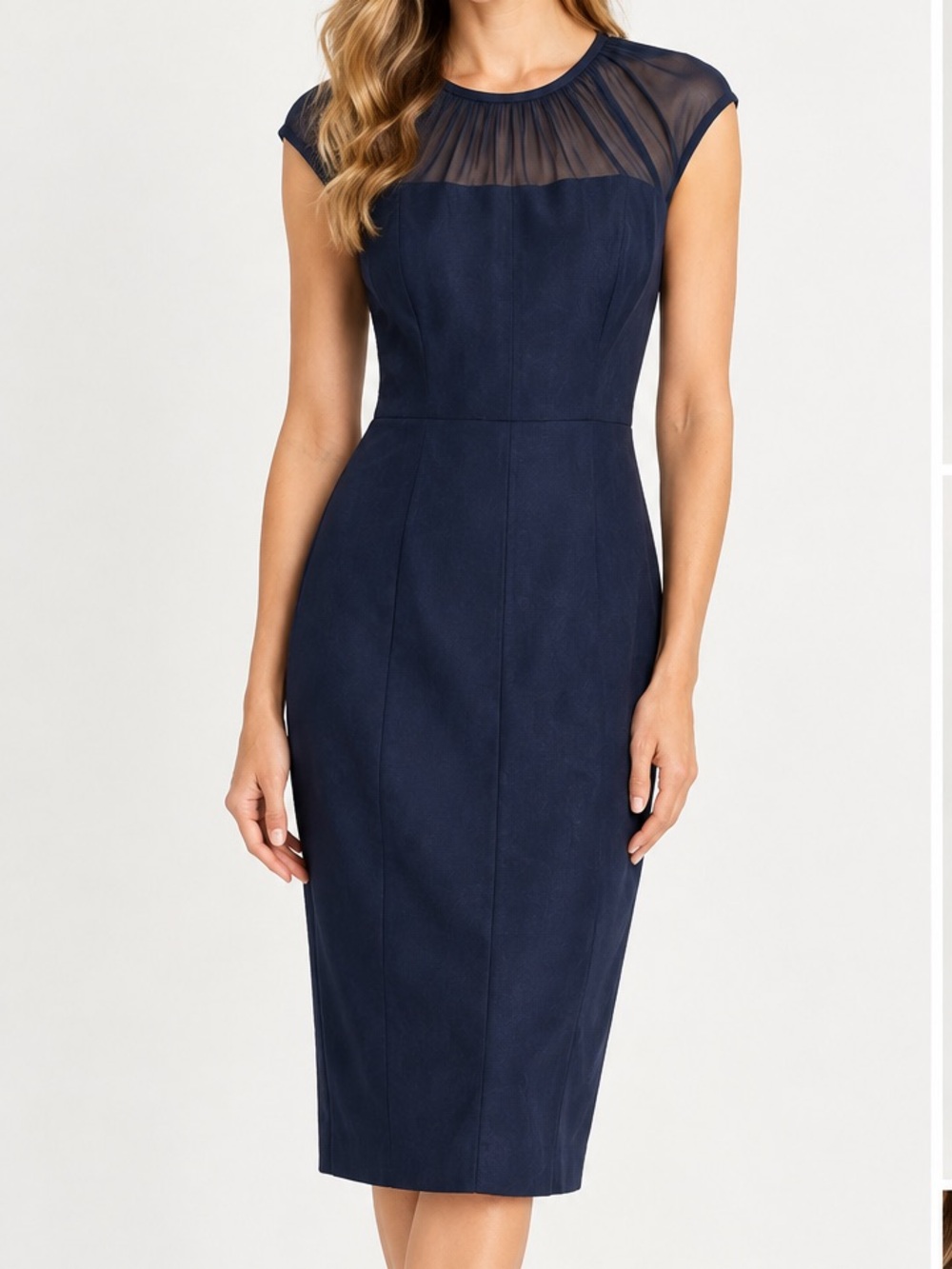 Adrianna Papell Navy Blue Midi Dress Sheer Yoke Short Sleeve NWT Size 6